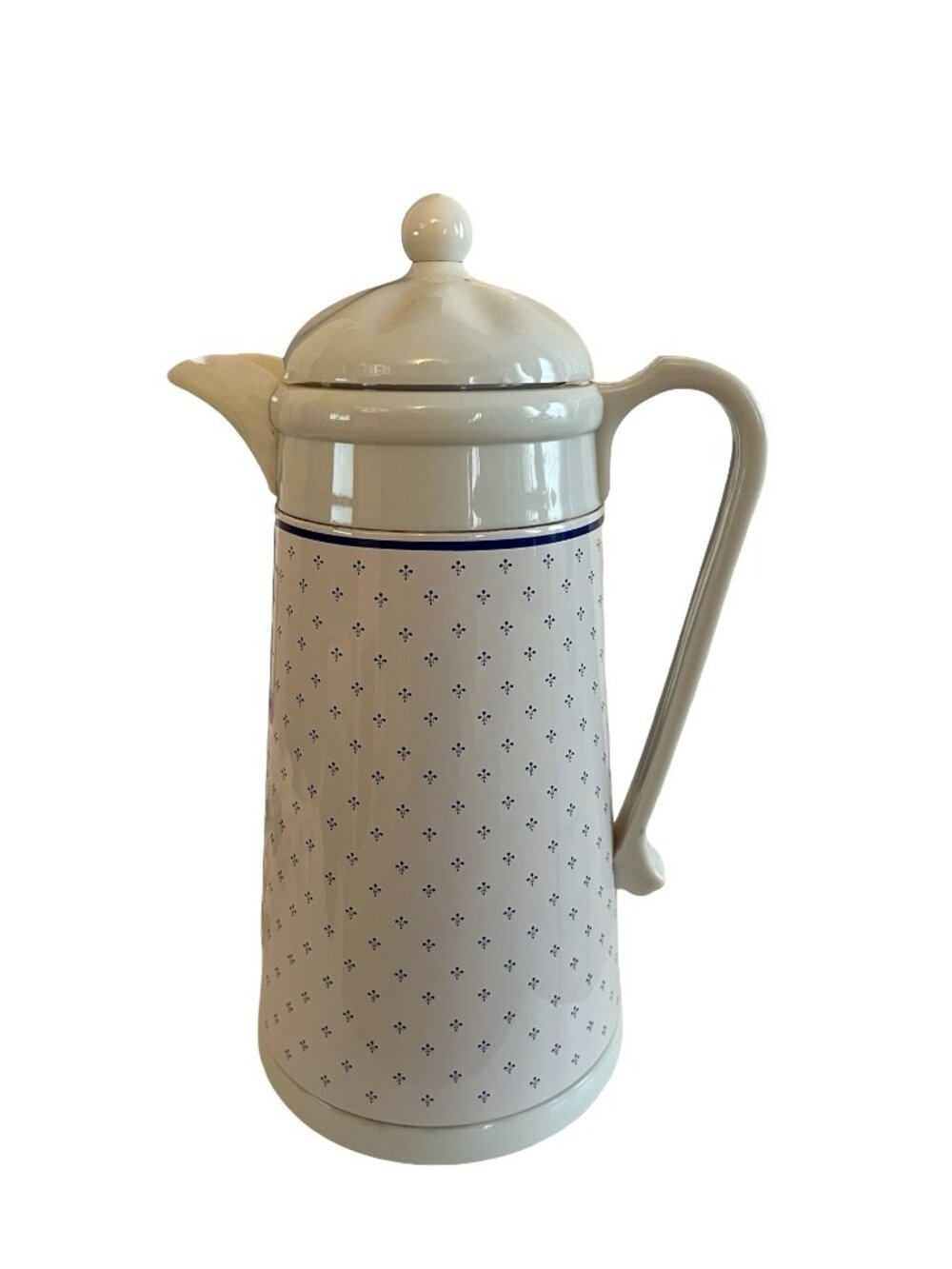 Vintage King Thermos Carafe 12” Blue Fleur De Lis Glass Lined Made in Taiwan